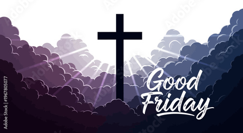 Illustration of a cross on a hill with clouds and sun rays, symbolizing Good Friday, a Christian religious holiday commemorating the crucifixion of Jesus Christ.