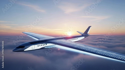 Modern aircraft flying above clouds during sunset