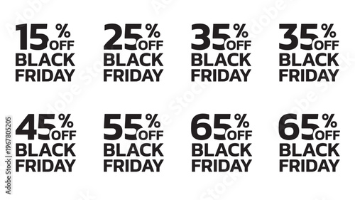 Discount percentage labels for Black Friday sales, featuring percentages from 15% to 65% off, presented in bold black text.
