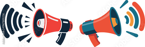 Megaphones emitting sound waves in contrasting styles, megaphone, sound, waves, communication, broadcasting, amplification, speech, announcement, public, address, noise, volume, traditional, modern