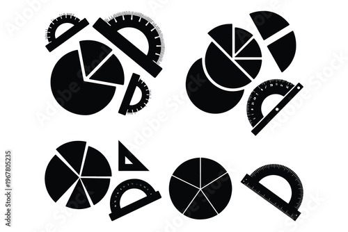 Black pie charts and protractors on white background