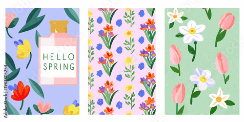 Three vertical banners with floral patterns and a spring message
