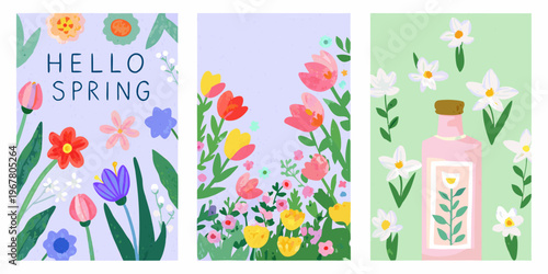 Three vertical floral illustrations celebrating the arrival of springtime