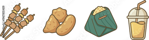 Assorted Indonesian Street Food Snacks with Satay and Iced Drink
