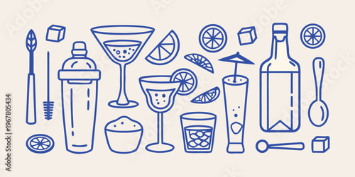 Blue line art illustration of cocktail ingredients and glassware