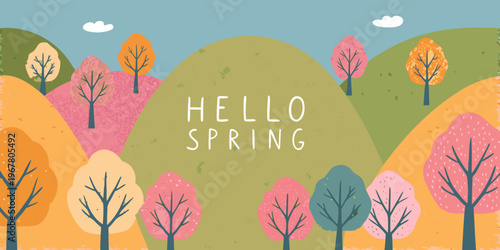 A colorful illustration welcomes spring with rolling hills and trees