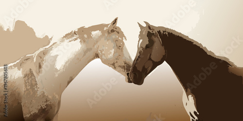 Two horses facing each other depicted in a sketched artistic style