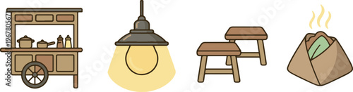 Traditional Food Stall Setup with Cart Lamp and Nasi Bungkus
