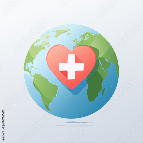 Global health and medical care icon featuring a red heart with a white cross on a stylized Earth, symbolizing worldwide well-being and humanitarian aid efforts