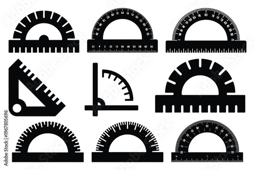 Black and white tools protractors rulers geometry drafting tools