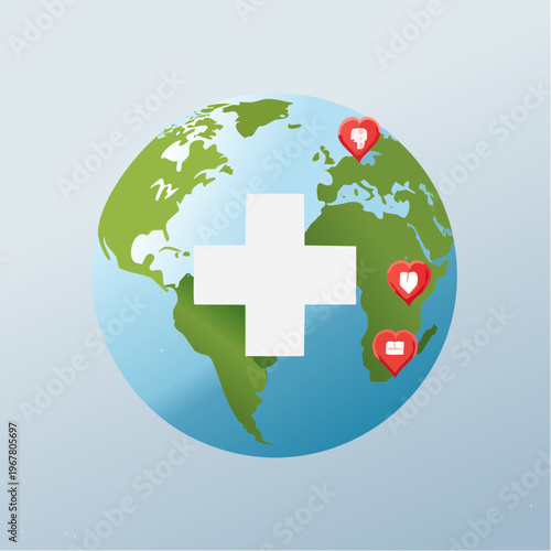 Global health awareness and medical support symbolized by a world map with a prominent cross and heart icons