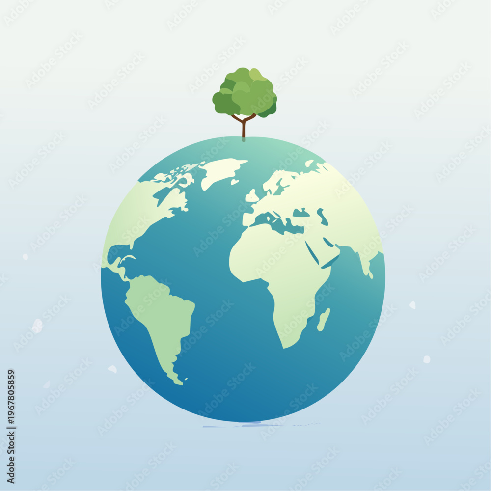 Fototapeta premium Vector illustration of a tree growing on top of planet Earth against a soft blue gradient background, symbolizing environmental protection and sustainability