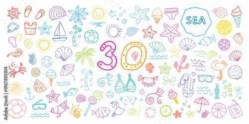 Colorful doodle illustration featuring summer and ocean themed objects