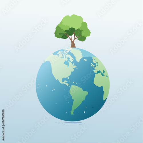 Vibrant green tree growing on a detailed blue and green globe, symbolizing global environmental protection, sustainable living, and the critical importance of nature conservation