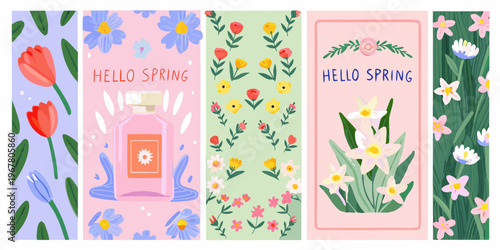 Floral spring themed bookmarks with illustrations and greetings