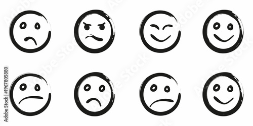 Eight hand drawn black and white face icons depicting various emotions