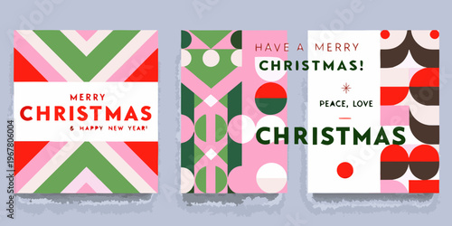Three vibrant christmas card designs with geometric patterns and festive greetings
