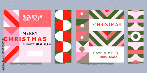 Four colorful christmas card designs with festive patterns and greetings