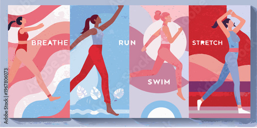 Four panels depict women exercising with motivational words and abstract designs