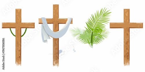 Three wooden crosses with draped cloth and palm leaves symbolize easter
