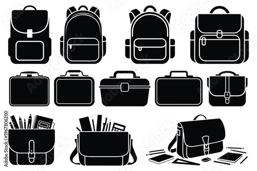 Black and white of various bags and briefcases backpacks