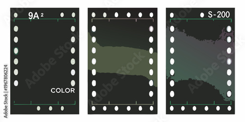 Three panels of 35mm film strips with varying content and markings