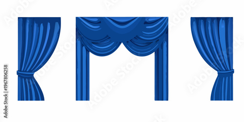 Three blue curtains with draped fabric and decorative tiebacks displayed