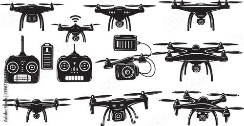 Drone and controller icons in black and white illustration style