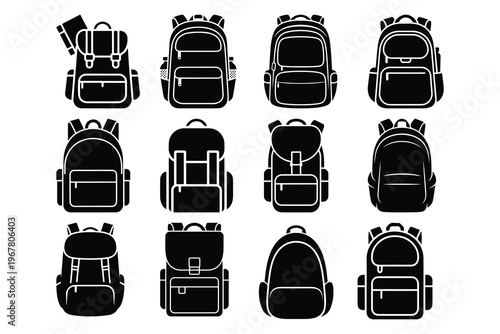 Black and white backpacks in different styles and positions