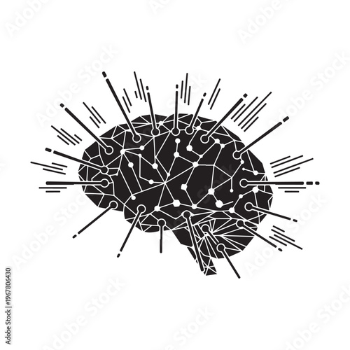 Black silhouette of a brain with white neural connections and lines radiating outward
