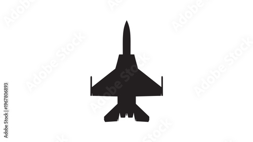 Jet fighter aircraft silhouette with angled wings and twin engine configuration seen from above, black on white background.