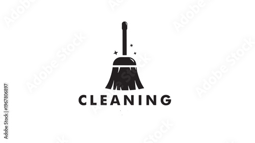 Broom icon with sparkling stars and the word cleaning below, representing cleanliness and tidiness for home or professional services.
