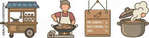 Street Food Cart Vendor and Cooking Process with Menu Board
