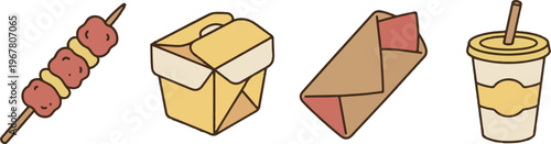 Traditional Snacks and Takeaway Packaging Icons with Satay and Drink
