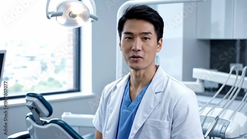 Confident male doctor smiling in modern medical clinic