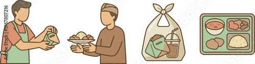 Indonesian Street Food Service Icons with Nasi Bungkus and Meal Tray
