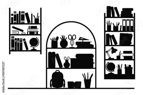 Black and white of bookshelves with school supplies