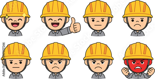 Construction worker emoji set with hard hat showing happy neutral angry and frustrated expressions for safety industry communication vector illustration