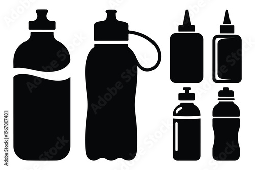 Black silhouettes of plastic bottles and squeeze tubes