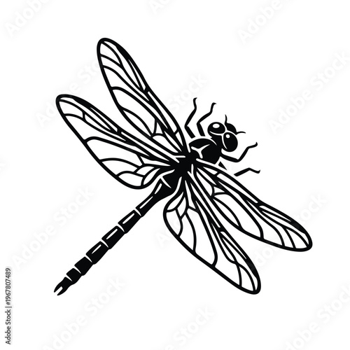 Black dragonfly simple line art.