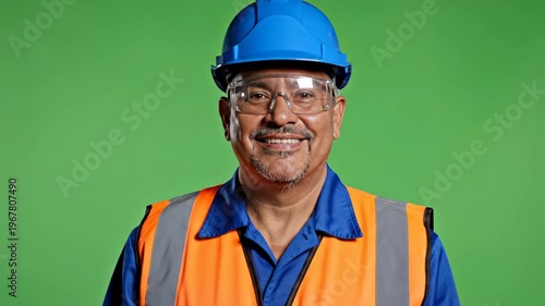 Confident male construction worker in safety gear smiling on green screen