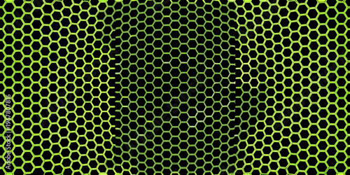 A vibrant green honeycomb pattern with a distorted shadowy figure