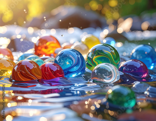 流れる水に散りばめられた色とりどりのガラス玉