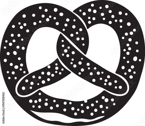 Black and white pretzel vector, salty snack icon, sesame seed illustration, food symbol