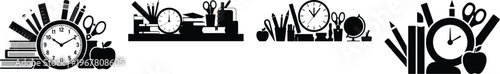 Black and white school supplies with clocks and books