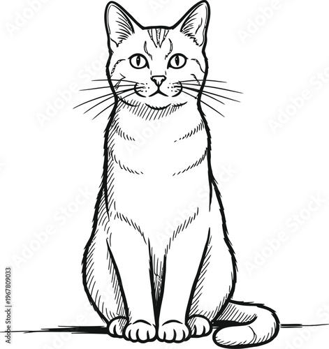Black and White Minimalist Line Drawing of a Sitting Cat