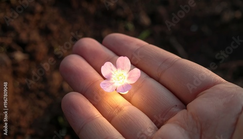 Delicate Glowing Flower Petal Resting Gently in a Hand.