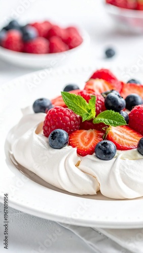 Delicious Pavlova dessert with fresh berries and mint on a white plate, a perfect sweet treat for any occasion.