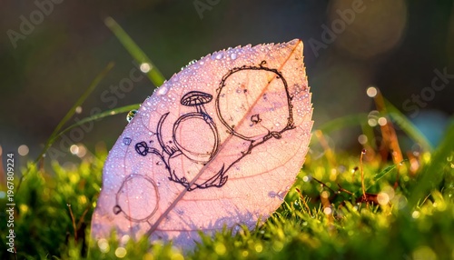 Dew-kissed leaf with intricate water droplet art on vibrant moss.