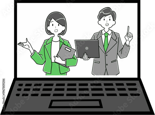 ノートパソコン画面で説明するビジネスパーソンの男女 リモート会議